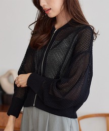 メッシュ編みジップカーディガン