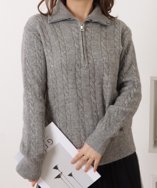 Lace Ladies(レースレディース)の「ケーブル柄ハーフジップニットプルオーバー(ニット/セーター・レディース・ブラック/ダークグレー/ピンク/アイボリー・FREE)」の14枚目の写真