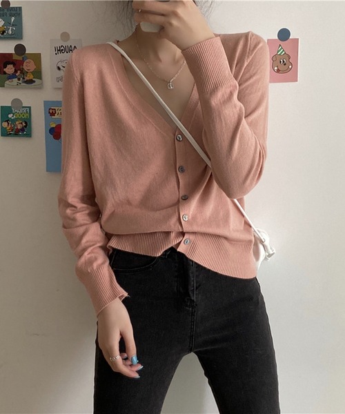 Silly（シリー）の「【韓国コーデに◎】9 color Vネックカーディガン（カーディガン/ボレロ・レディース・ブラウン/グリーン/ブラック/ライトブルー/ベージュ/グレー/ライトグリーン/ピンク/イエロー・FREE）」の9枚目の写真