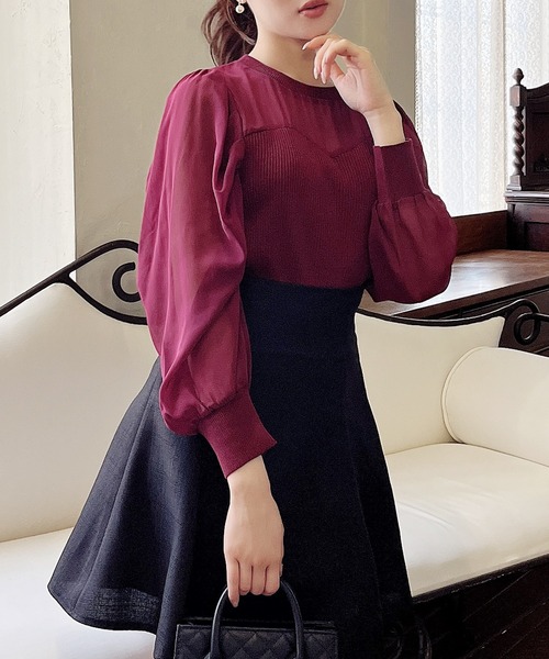 MIIA（ミーア）の「シアースリーブニットトップス（ニット/セーター・レディース・ベージュ/ブラック/ボルドー・FREE）」の3枚目の写真