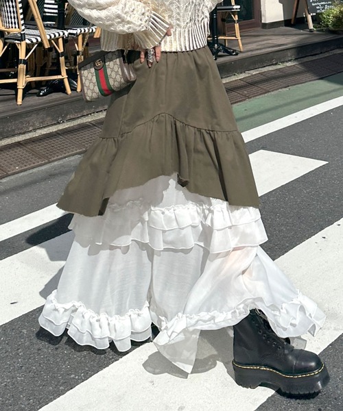 riu Rちゃん イレギュラーヘムレザースカート セール】イレギュラーヘムフリルティアードスカート（スカート