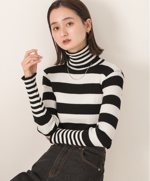 ad thie（アドティエ）の「ハイネック ランダムボーダーリブニット（ニット/セーター・レディース・ブラック/グリーン・FREE）」の6枚目の写真