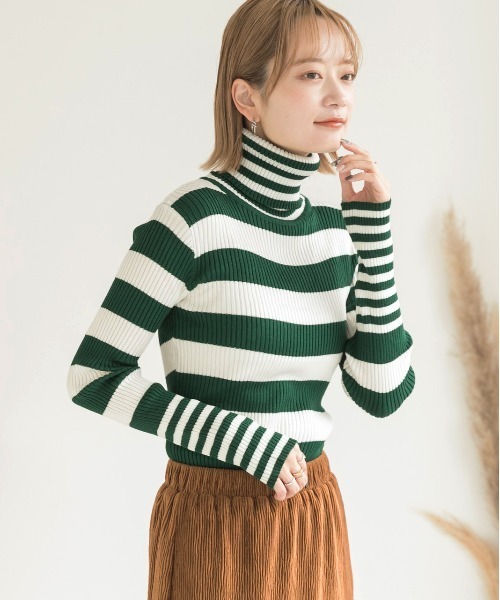 ad thie（アドティエ）の「ハイネック ランダムボーダーリブニット（ニット/セーター・レディース・ブラック/グリーン・FREE）」の16枚目の写真