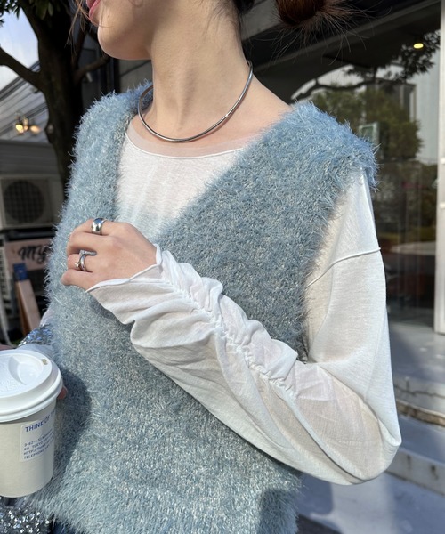 CIAOPANIC TYPY(チャオパニックティピー)の「袖くしゅくしゅシアーTEE(Tシャツ/カットソー・レディース・ブルー/オフホワイト/ブラック・ONE SIZE)」の2枚目の写真