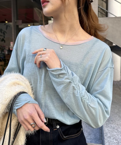 CIAOPANIC TYPY(チャオパニックティピー)の「袖くしゅくしゅシアーTEE(Tシャツ/カットソー・レディース・ブルー/オフホワイト/ブラック・ONE SIZE)」の18枚目の写真