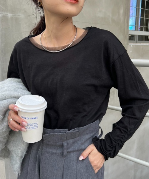 CIAOPANIC TYPY(チャオパニックティピー)の「袖くしゅくしゅシアーTEE(Tシャツ/カットソー・レディース・ブルー/オフホワイト/ブラック・ONE SIZE)」の12枚目の写真