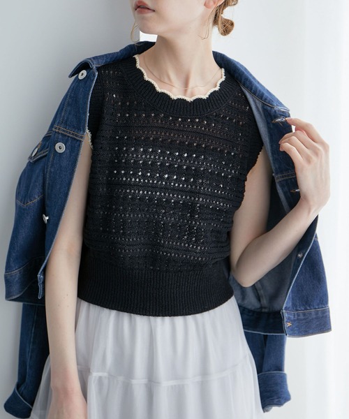 ROPE' PICNIC（ロペピクニック）の「セットアップ対応/透かし編みテープヤーンクロップドニットプルオーバー（ニット/セーター・レディース・ホワイト系その他5/ブラック系その他/ブラウン系その他2/レッド系その他・38）」の3枚目の写真