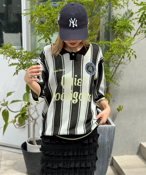 CIAOPANIC(チャオパニック)の「【ユニセックス】フットボールニットシャツ(Tシャツ/カットソー・レディース・ブラック/ピンク/グリーン/アイボリー・FREE)」の3枚目の写真