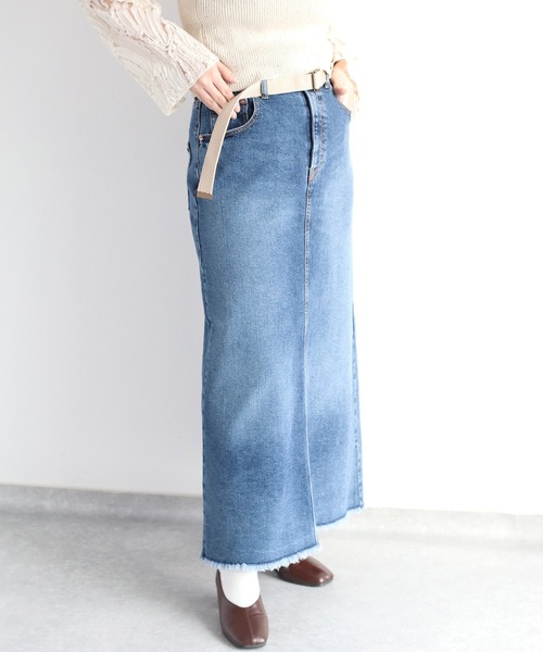 cepo(セポ)の「ベルト付きデニムクラッシュスカート<セットアップ可能>(デニムスカート・レディース・ブルー系2/ブルー系3・S/M/L)」の1枚目の写真