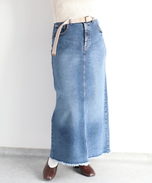 cepo(セポ)の「ベルト付きデニムクラッシュスカート<セットアップ可能>(デニムスカート・レディース・ブルー系2/ブルー系3・S/M/L)」の3枚目の写真