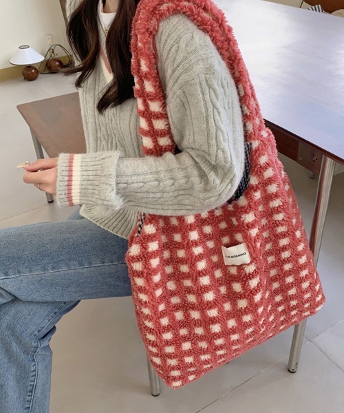 CLETTEオリジナル☆ロゴ刺繍チェック柄トートバッグ | 大きい