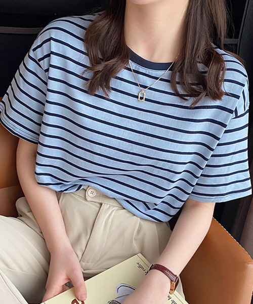 SHEPP(シープ)の「カラフルボーダー Tシャツ(Tシャツ/カットソー・レディース・ブラック/ベージュ/グリーン/レッド/ブルー・S)」の4枚目の写真