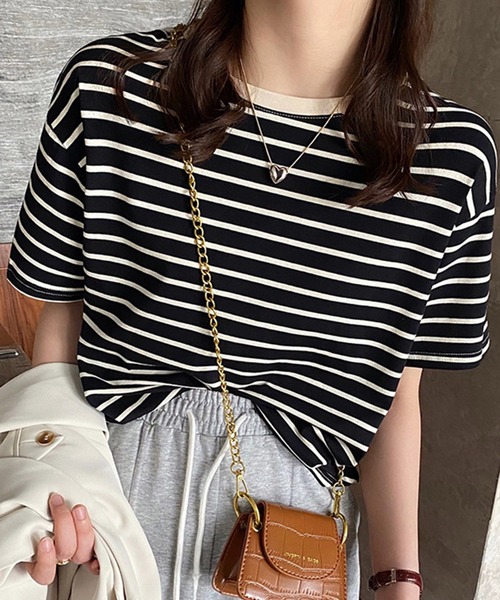 SHEPP(シープ)の「カラフルボーダー Tシャツ(Tシャツ/カットソー・レディース・ブラック/ベージュ/グリーン/レッド/ブルー・S)」の2枚目の写真