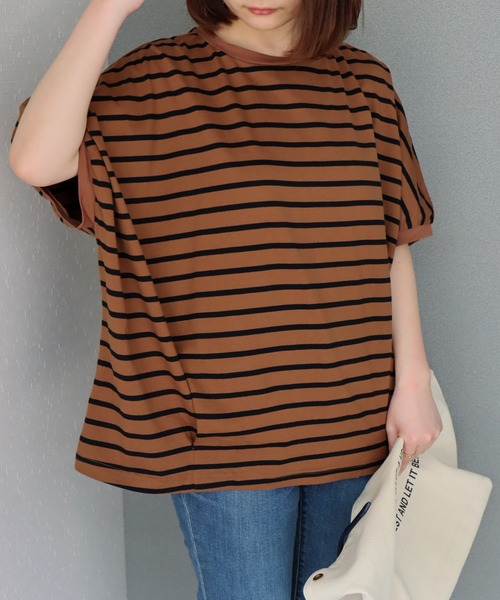 libelle more(リベル モア)の「《接触冷感/USAコットン》裾タック プルオーバー(Tシャツ/カットソー・レディース・ホワイト×ブラック/ホワイト×グリーン/ブラウン系その他/ネイビー×ホワイト/ベージュ系その他/ホワイト×ネイビー/ホワイト×ピンク・M)」の5枚目の写真