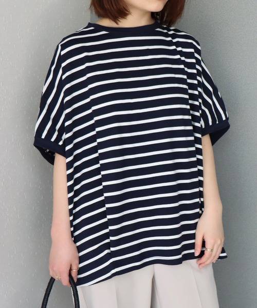 libelle more(リベル モア)の「《接触冷感/USAコットン》裾タック プルオーバー(Tシャツ/カットソー・レディース・ホワイト×ブラック/ホワイト×グリーン/ブラウン系その他/ネイビー×ホワイト/ベージュ系その他/ホワイト×ネイビー/ホワイト×ピンク・M)」の7枚目の写真