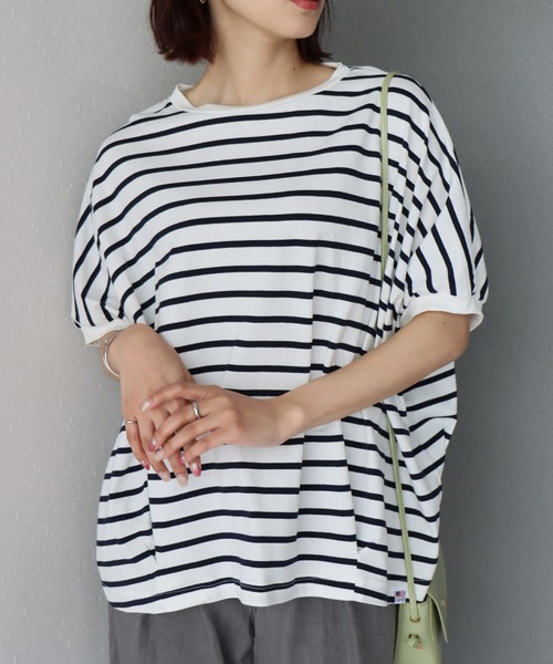 libelle more(リベル モア)の「《接触冷感/USAコットン》裾タック プルオーバー(Tシャツ/カットソー・レディース・ホワイト×ブラック/ホワイト×グリーン/ブラウン系その他/ネイビー×ホワイト/ベージュ系その他/ホワイト×ネイビー/ホワイト×ピンク・M)」の9枚目の写真