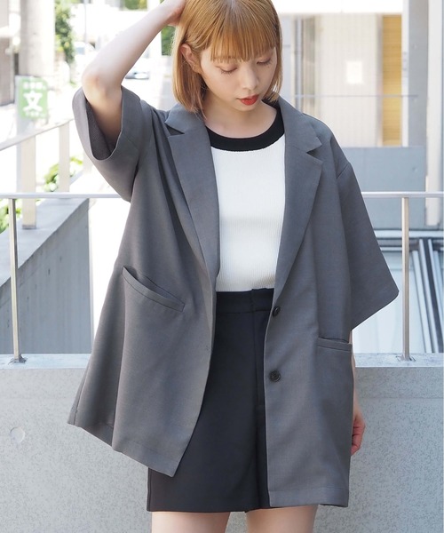 セール】[セットアップ対応]リネンライク半袖テーラードジャケット