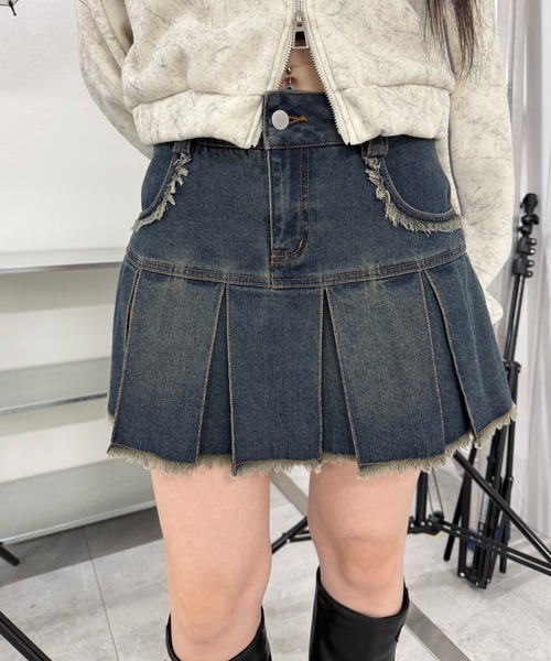 セール】プリーツヘムフリンジデニムミニスカート（デニムスカート