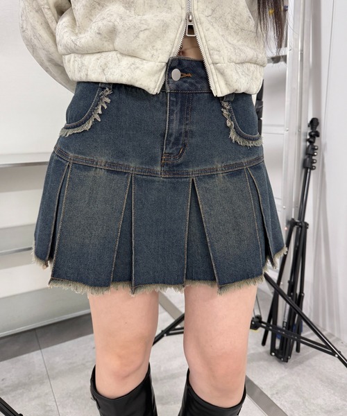 プリーツヘムフリンジデニムミニスカート（デニムスカート）｜Figments