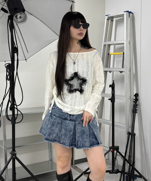 プリーツヘムフリンジデニムミニスカート（デニムスカート）｜Figments