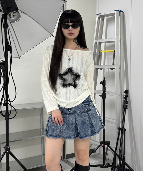 プリーツヘムフリンジデニムミニスカート（デニムスカート）｜Figments