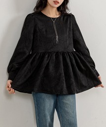 レディース 長袖チャイナ刺繍風ペプラムトップス
