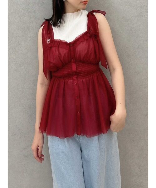 dazzlin（ダズリン）の「ショルダーリボンチュールペプラムビスチェ（タンクトップ・レディース・レッド/グレー/アイボリー/ネイビー・FREE）」の4枚目の写真