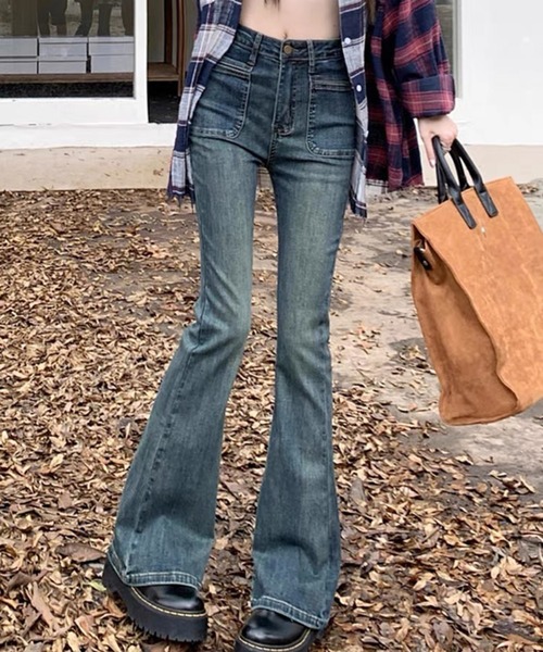 Teem Store（チームストア）の「ハイウエスト フレアパンツ（デニムパンツ・レディース・ブルー・S/L/M）」の3枚目の写真