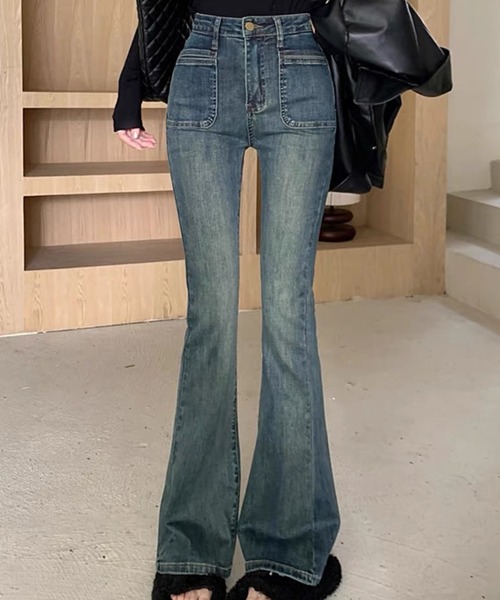 Teem Store（チームストア）の「ハイウエスト フレアパンツ（デニムパンツ・レディース・ブルー・S/L/M）」の4枚目の写真