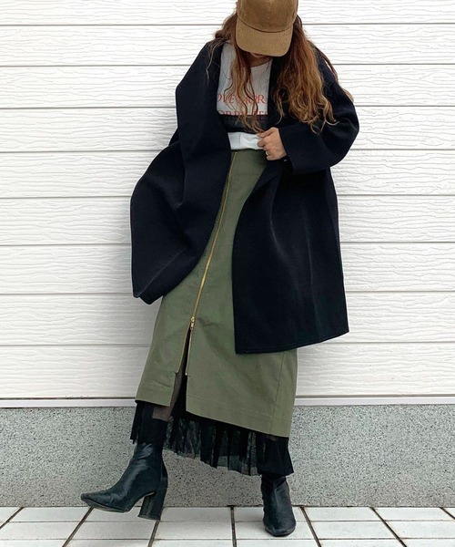 Q（キュー）の「メッシュレイヤードスカート（スカート・レディース・ネイビー/カーキ・MEDIUM）」の16枚目の写真