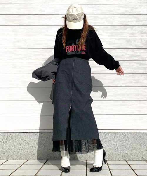 Q（キュー）の「メッシュレイヤードスカート（スカート・レディース・ネイビー/カーキ・MEDIUM）」の12枚目の写真