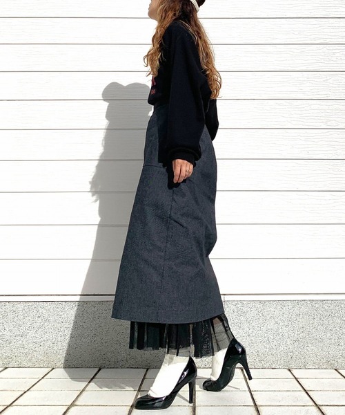 Q（キュー）の「メッシュレイヤードスカート（スカート・レディース・ネイビー/カーキ・MEDIUM）」の13枚目の写真