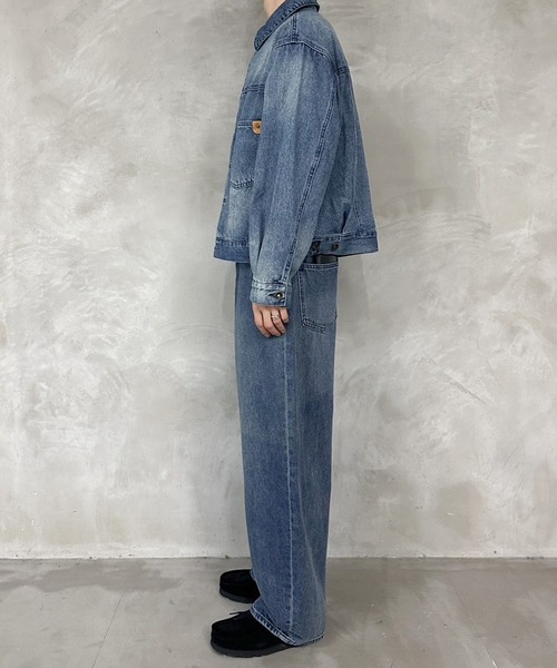 デニム セットアップ シャツ パンツ ストレート ボリューム デニムシャツカジュアルストレートパンツセットアップ | E l e H