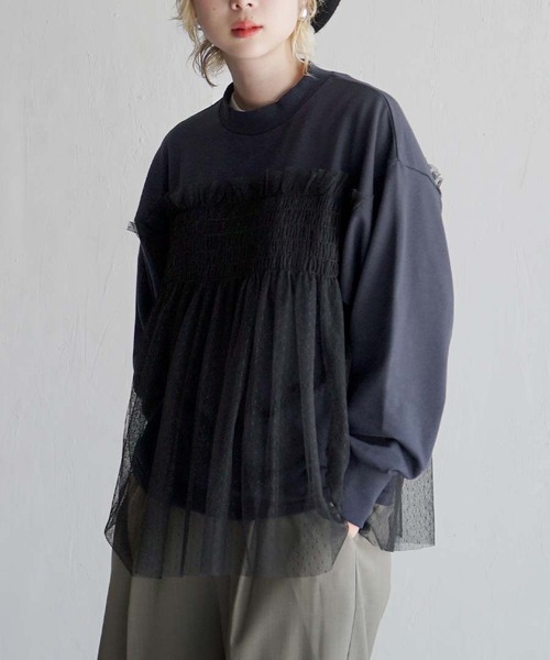 zootie（ズーティー）の「ドットチュール ドッキングカットソー（Tシャツ/カットソー・レディース・ブラウン/ネイビー/グレイッシュベージュ/ブラック・フリー）」の4枚目の写真