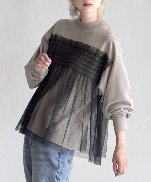 zootie（ズーティー）の「ドットチュール ドッキングカットソー（Tシャツ/カットソー・レディース・ブラウン/ネイビー/グレイッシュベージュ/ブラック・フリー）」の3枚目の写真