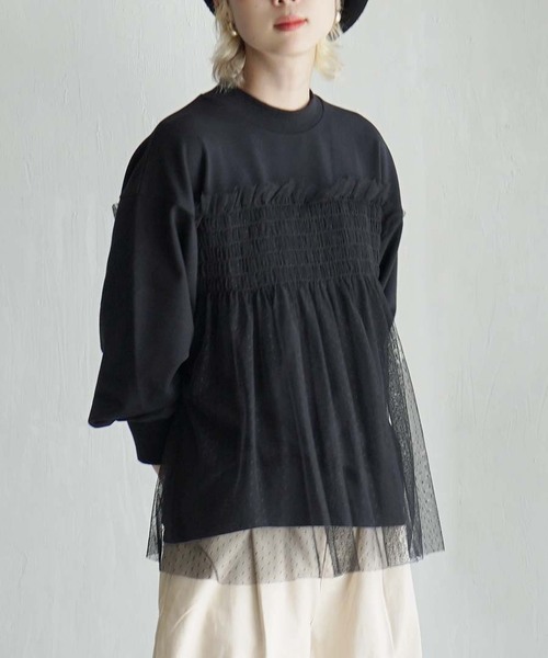 zootie（ズーティー）の「ドットチュール ドッキングカットソー（Tシャツ/カットソー・レディース・ブラウン/ネイビー/グレイッシュベージュ/ブラック・フリー）」の2枚目の写真