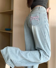 リボン ワイド デニム パンツ ストレート ハイウエスト ルーズ ワイドデニム ウエストリボン ハイウエスト」に該当する