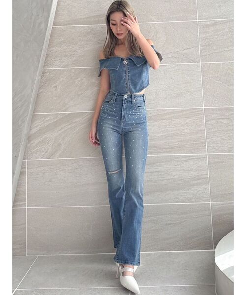 GYDA(ジェイダ)の「【せいせいコラボ】GSストーンスライダーオフショルトップス(Tシャツ/カットソー・レディース・ライトブルー/ブラック・FREE)」の6枚目の写真