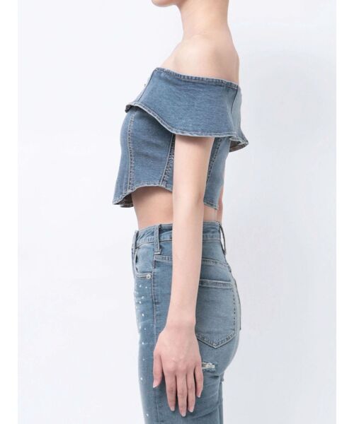 GYDA(ジェイダ)の「【せいせいコラボ】GSストーンスライダーオフショルトップス(Tシャツ/カットソー・レディース・ライトブルー/ブラック・FREE)」の18枚目の写真