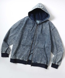 Denim Zip Up Hoodie/オーバーサイズ ヴィンテージライク ケミカルウォッシュ加工 ショート丈 デニムジップアップパーカー/デニムジャケット/ブルゾン/レディース メンズ