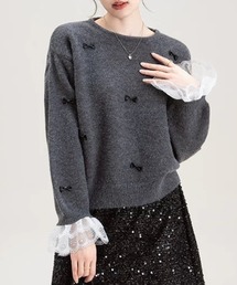 ampm（エーエムピーエム）の「【ampm】リボンモチーフ袖口レースアンサンブルニット（ニット/セーター）」