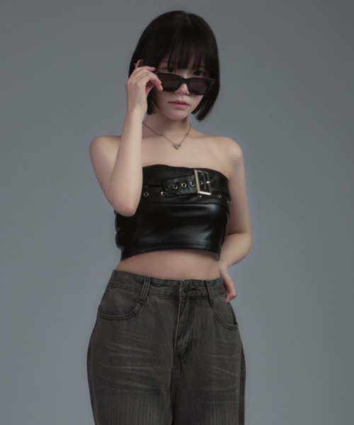 Wide Belt Faux Leather Tube Top / ワイドベルトフェイクレザー