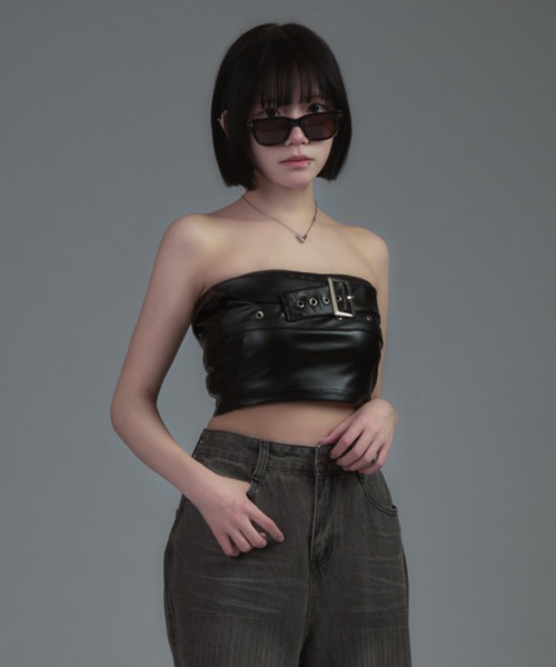 Wide Belt Faux Leather Tube Top / ワイドベルトフェイクレザー
