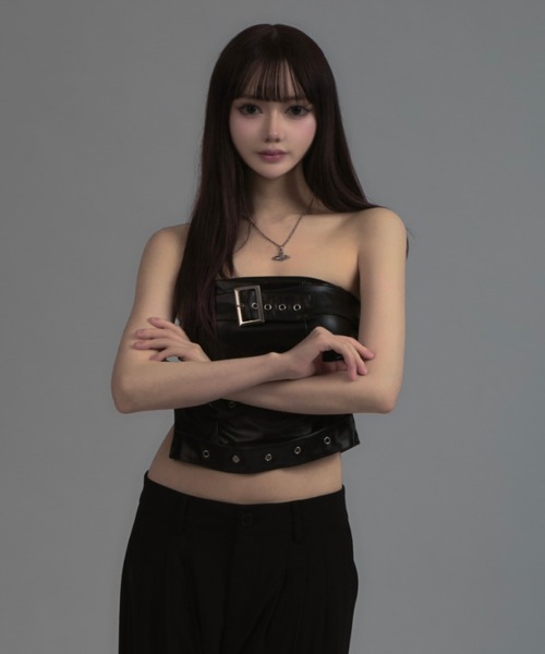 Wide Belt Faux Leather Tube Top / ワイドベルトフェイクレザー