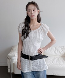 UNE MANSION | 【UNE ORIGINAL】 【選べるレース・ジャガード・ストライプパターン生地】ユニークパターンウエストマークリボンパフミニドレスワンピース(Tシャツ/カットソー)