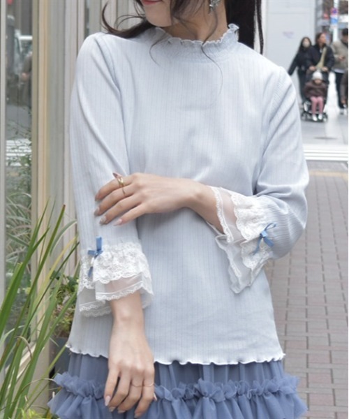 axes femme（アクシーズファム）の「レース重ねデザイン袖プルオーバー（Tシャツ/カットソー・レディース・ブラック/キナリ/サックスブルー/ピンク・FREE）」の3枚目の写真