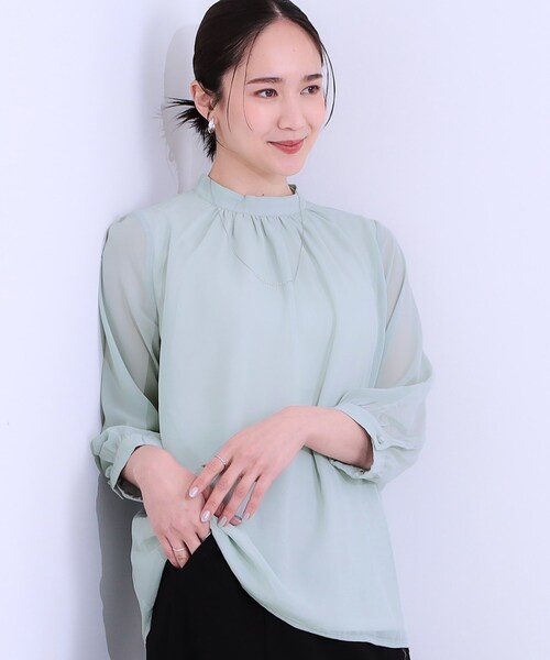 DRESKIP（ドレスキップ）の「【S-LL】首元ギャザーが大人上品な シフォンブラウス（シャツ/ブラウス・レディース・グリーン系/ホワイト系3/ブラック系/オフホワイト・01/02/03/04）」の4枚目の写真