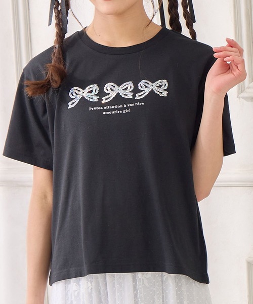 tシャツ スパンコールリボンTシャツ レディース セール】スパンコールリボンTシャツ（Tシャツ/カットソー