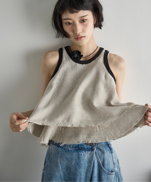 セール】リネンライクバイカラーパイピングカットオフフリルアメ