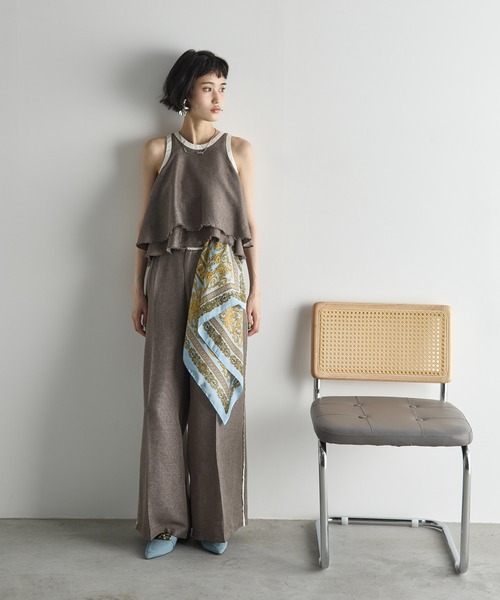 セール】リネンライクバイカラーパイピングカットオフフリルアメ